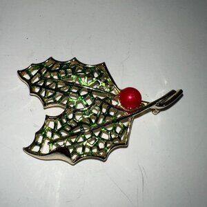Vintage Gold-Tone Holly Leaf Brooch With Green Enamel & Red Bead Berry Pin